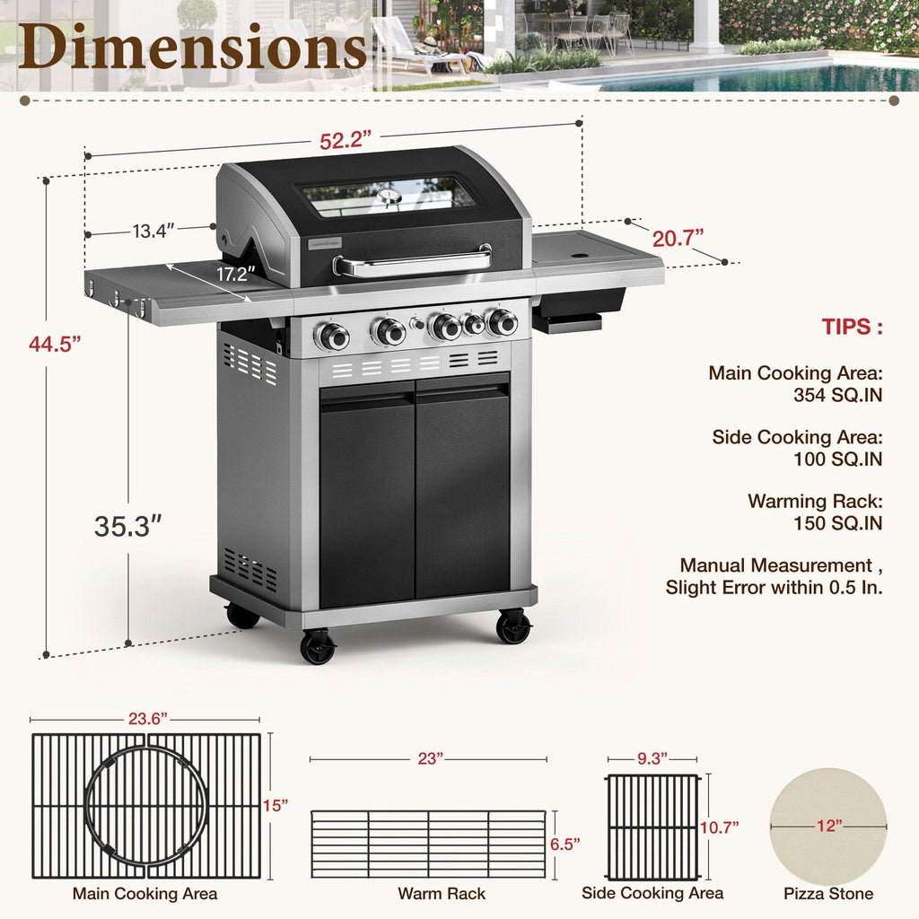 MF Studio 4 Burner Propane Gas Grill with 13500 BTU Infrared Side Burner – 604 sq.in Extra Large Cooking Area Outdoor BBQ Grill - Black Gas Grills
