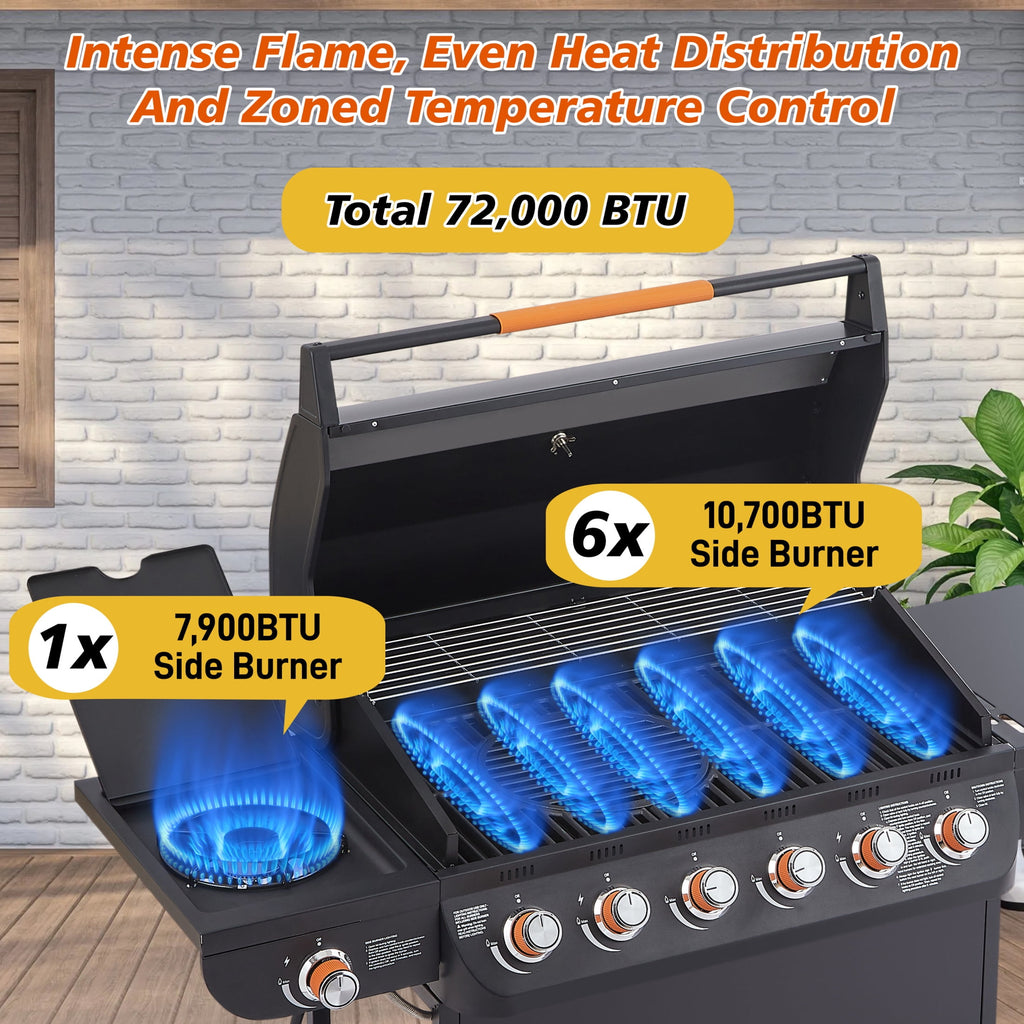 Noble House Professional 6-Burner Propane Gas Grill with Side Burner, Steel BBQ Grill with Cast Metal Grates, Black Noble House