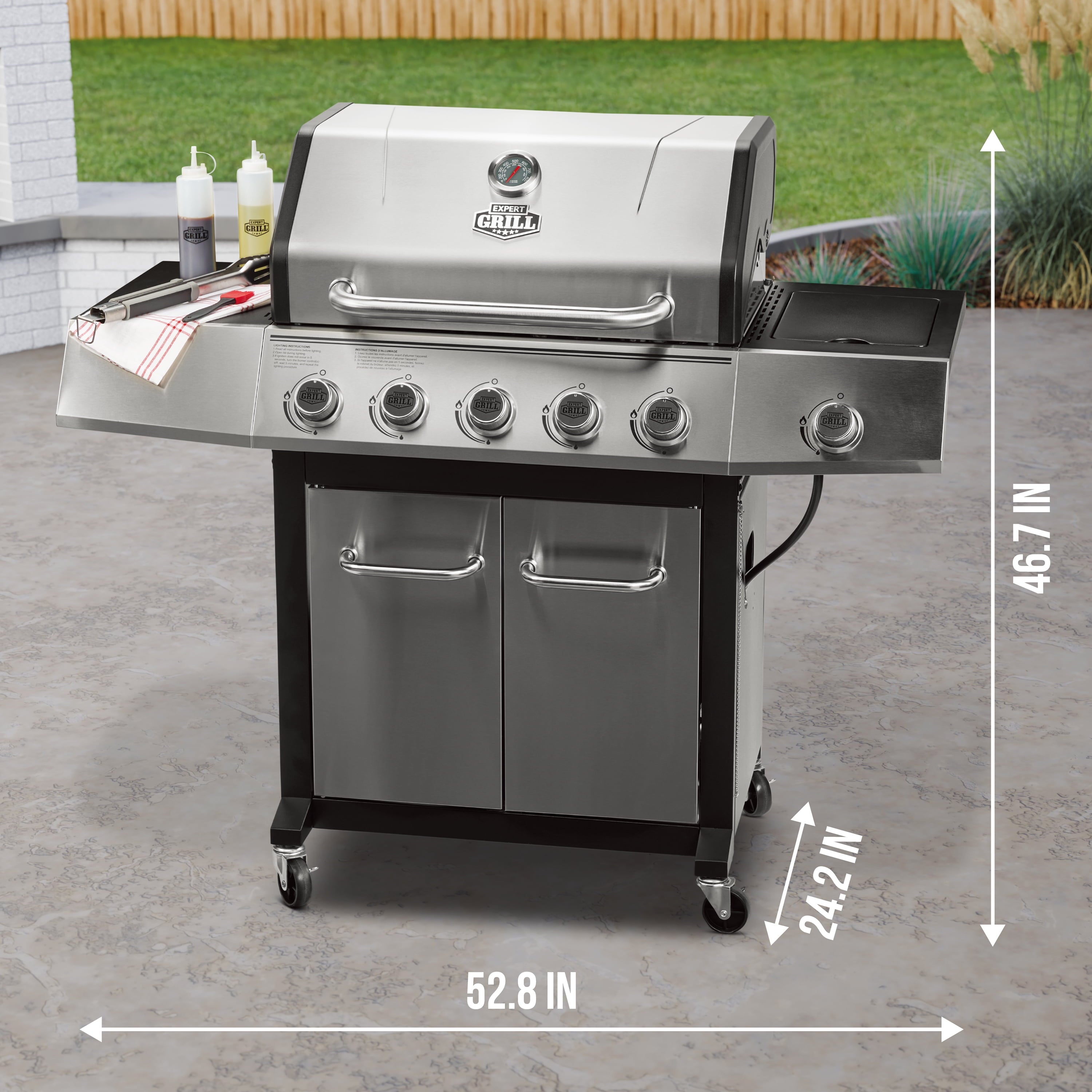 Expert Grill 5-Burner Propane Gas Grill with Side Burner, and Side Table, Stainless Steel Expert Grill