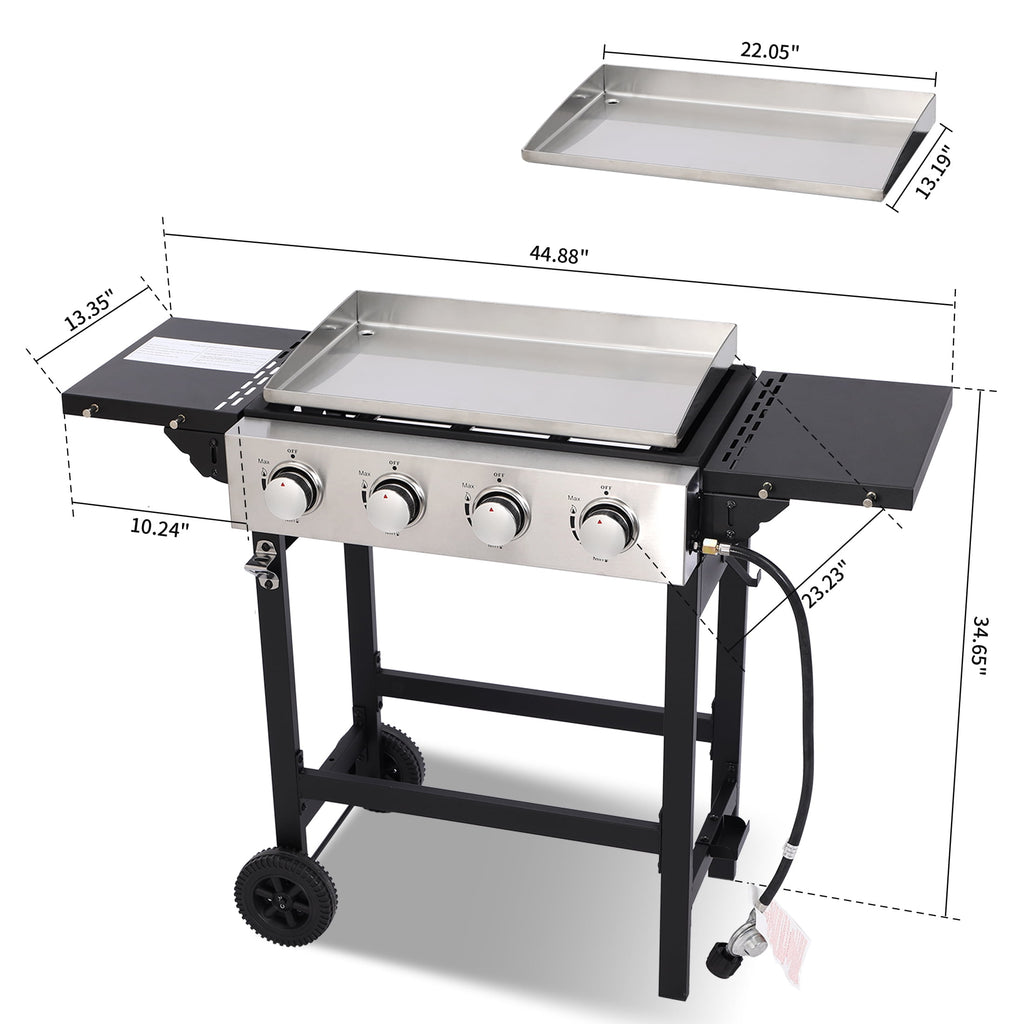 Flat Top Gas Grill 40000 BTU, 4 Burner Propane Griddle with Stainless Steel Pan, Side Shelves, and Wheels, Easy Clean Garden It