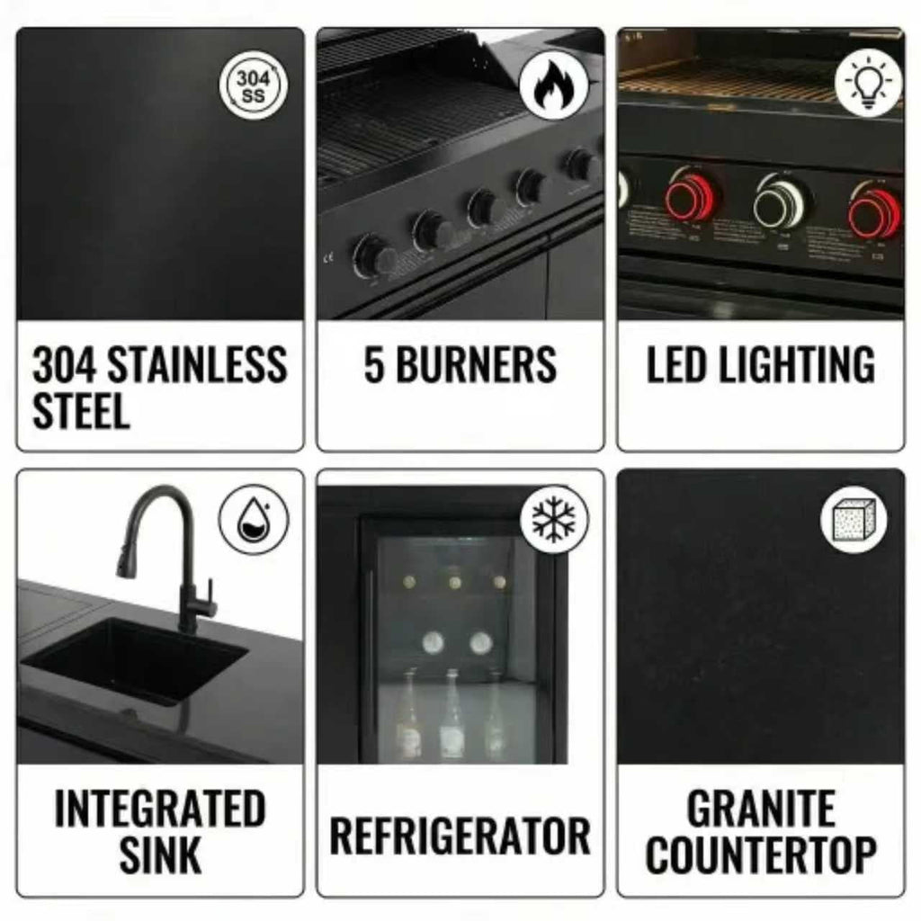 84 Deluxe Outdoor Kitchen Island with 6-Burner Gas Grill (75300 BTU), Premium SS304 Stainless Steel BBQ Station, Black Galaxy Granite Countertop, Dual-Zone Refrigerator, Sink, Rotisserie Kit & Cover HomeMindful