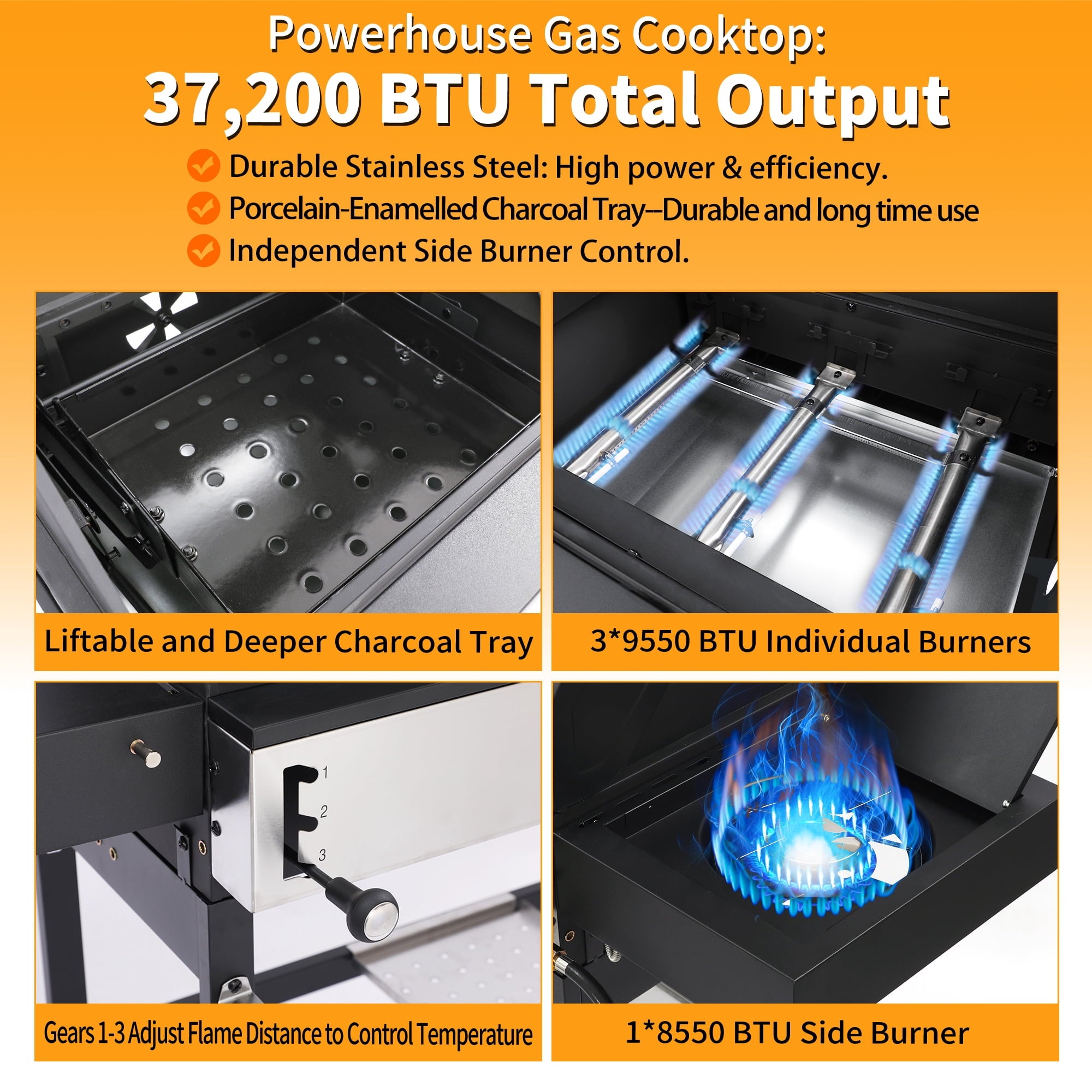 3 Burner Gas & Charcoal Combo Grill with Side Burner, Outdoor BBQ Propane Grill, 673 Sq. In. Cast Iron Grates & Reversible Griddle, 37200 BTU Stainless Steel Lid for Backyard Cooking Nice Cooker