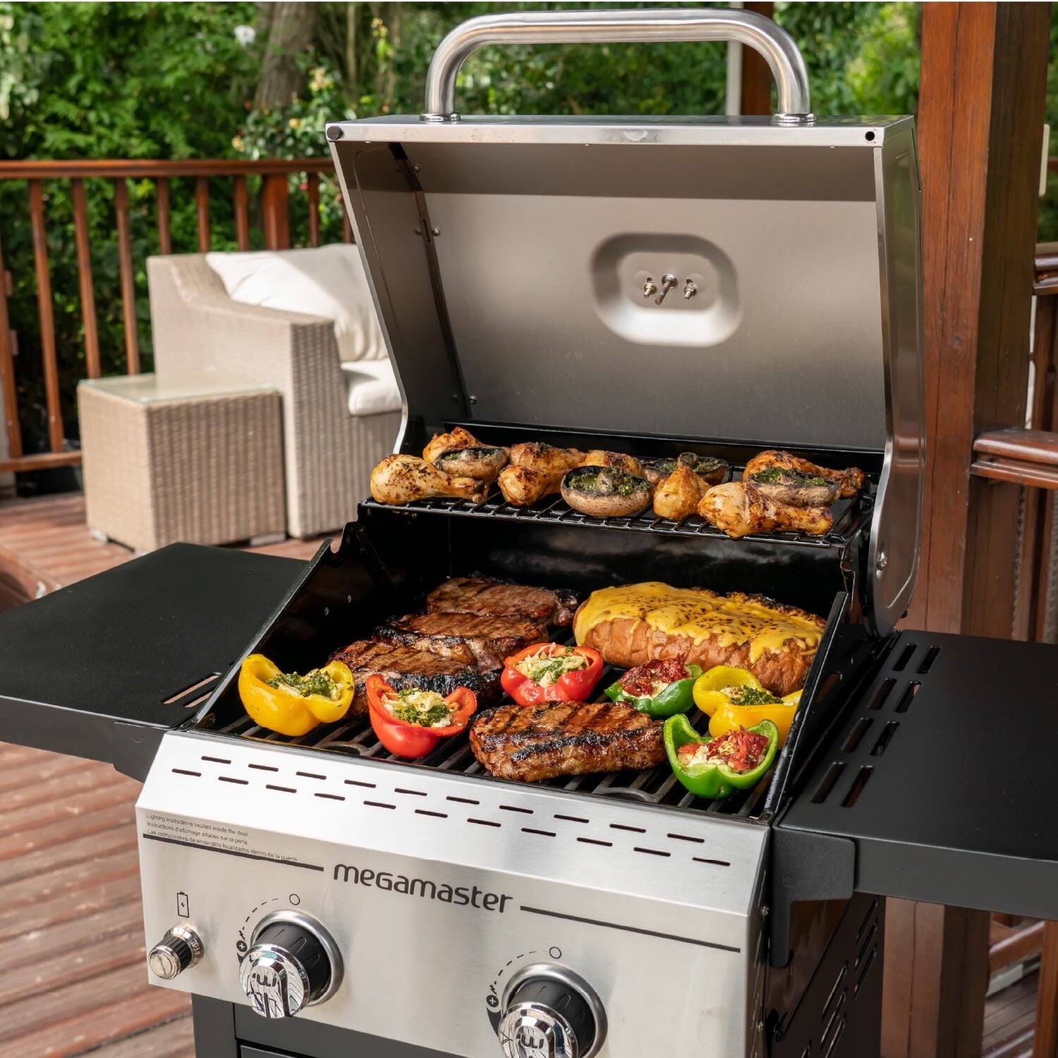 Megamaster Deluxe 2-Burner Gas Grill with Foldable Side Tables, 418 SQ In Cooking Space, 28000 BTUs, Stainless Steel Lid, Propane BBQ Grill for Outdoor Cooking, Patios, Backyards and More -720-0864MA Megamaster