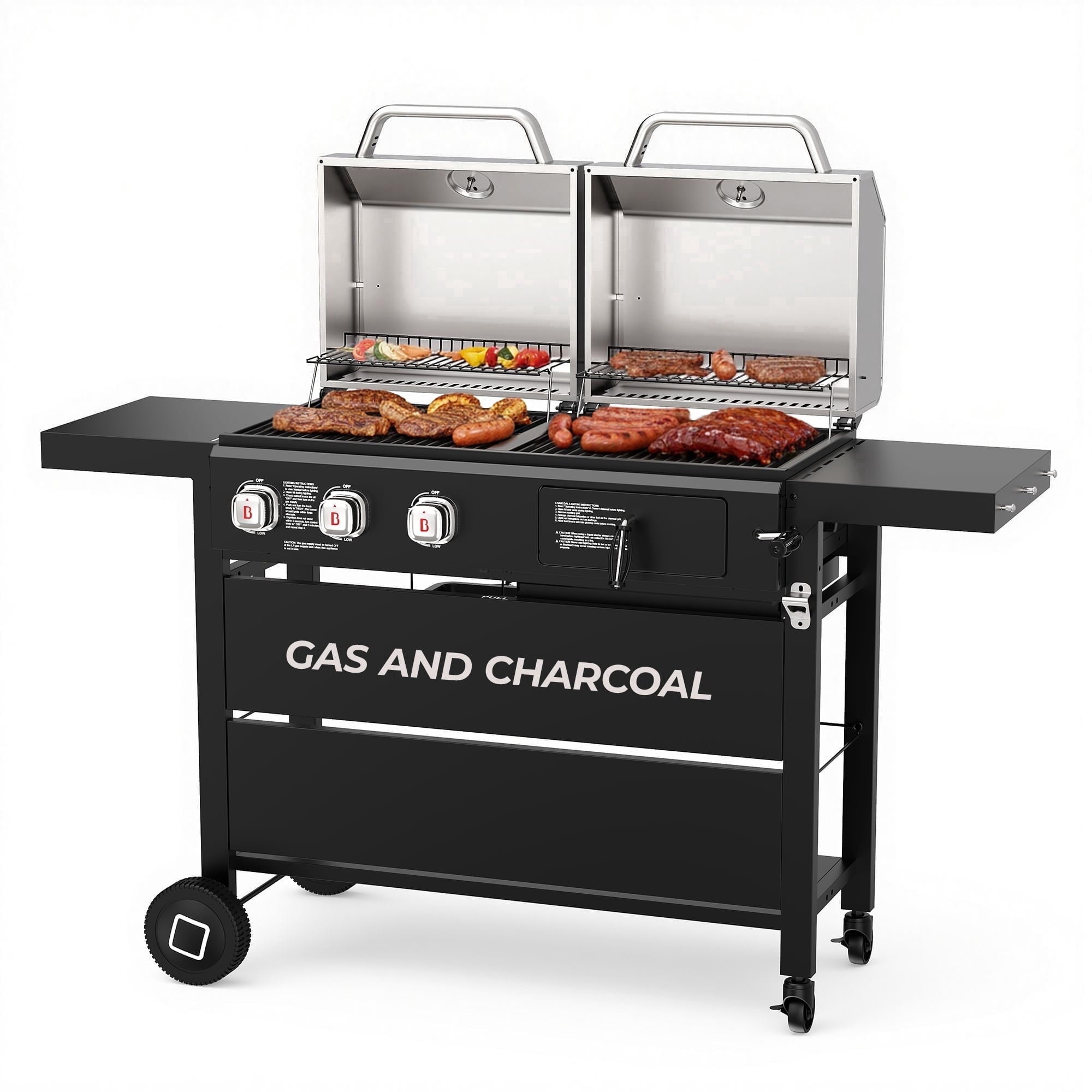 Flintex Propane Gas and Charcoal Grill Combo, Dual Fuel Outdoor BBQ Grill Stainless Steel Lids for Patio Garden Picnic Backyard Barbecue Cooking Gas Grills