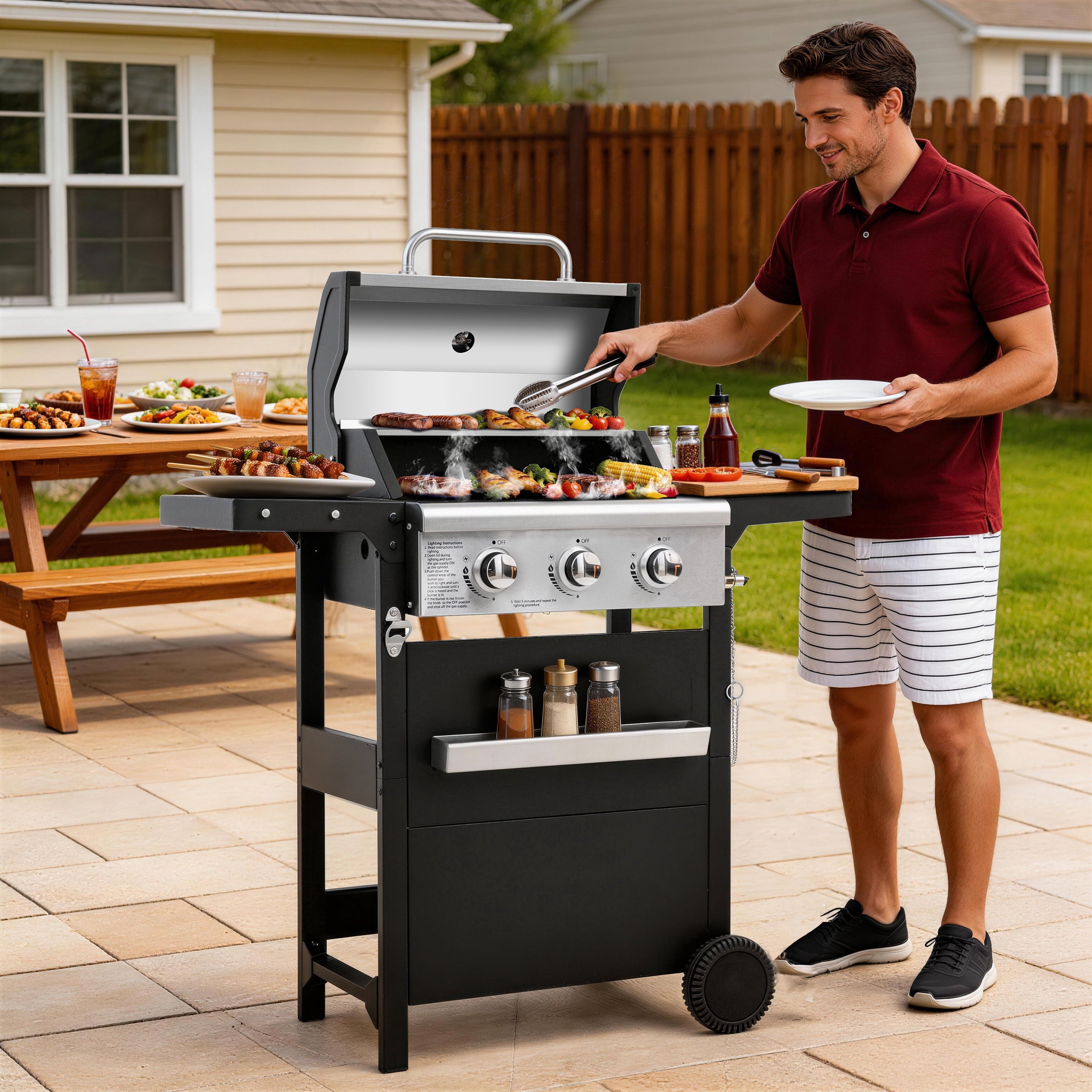 Segmart 3 Burner BBQ Propane Gas Grill, Stainless Steel 27,000 BTU Patio Garden Barbecue Grill with Side Tables, Hanging Basket & Thermometer, Perfect for Camping, Outdoor Cooking Gas Grills