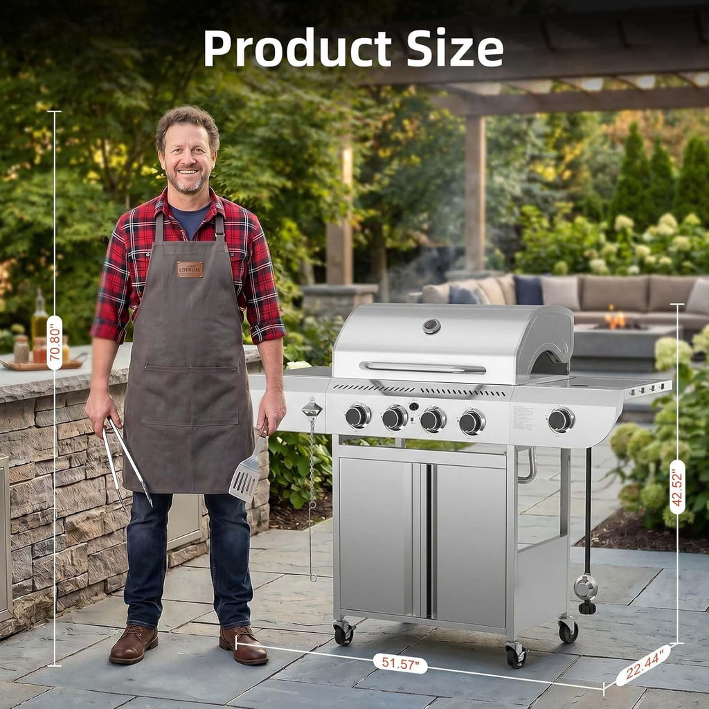 42000 BTU 4-Burner Stainless Steel Gas Grill, BBQ Grill with Side Burner & Enameled Cast Iron Grates, Pull-Out Oil Tray for Outdoor Backyard WAA