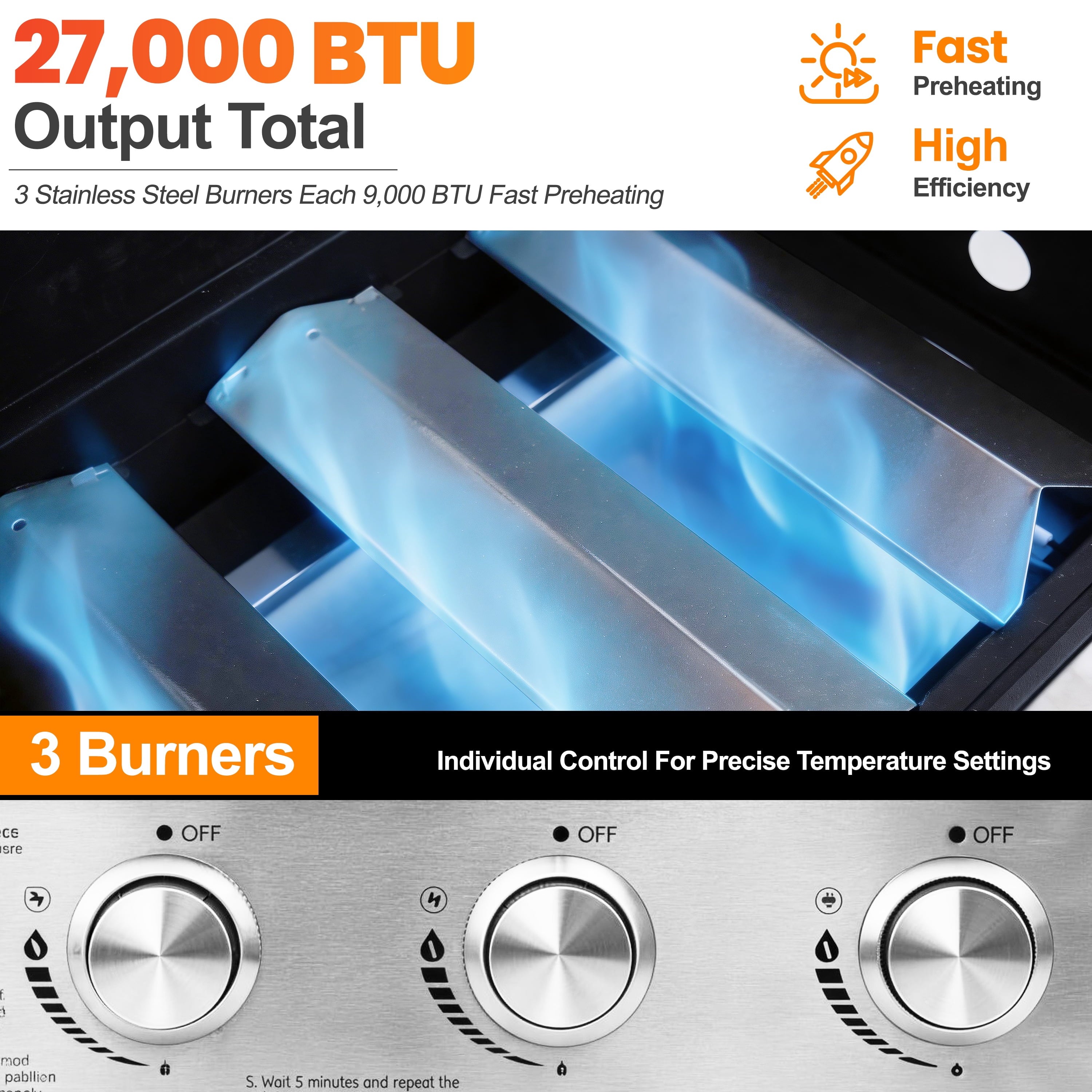 Segmart 3 Burner BBQ Propane Gas Grill, Stainless Steel 27,000 BTU Patio Garden Barbecue Grill with Side Tables, Hanging Basket & Thermometer, Perfect for Camping, Outdoor Cooking Gas Grills