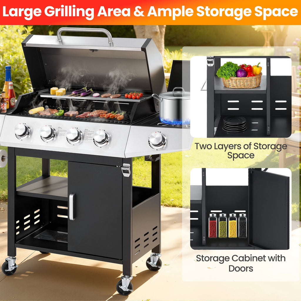 Segmart 4 Burner BBQ Propane Gas Grill with Side Burner, Stainless Steel 50,000 BTU Patio Barbecue Grill with Shelf, Gas Tank Hook, Towel Rack & Bottle Opener, Fits for Camping, Outdoor Cooking Gas Grills