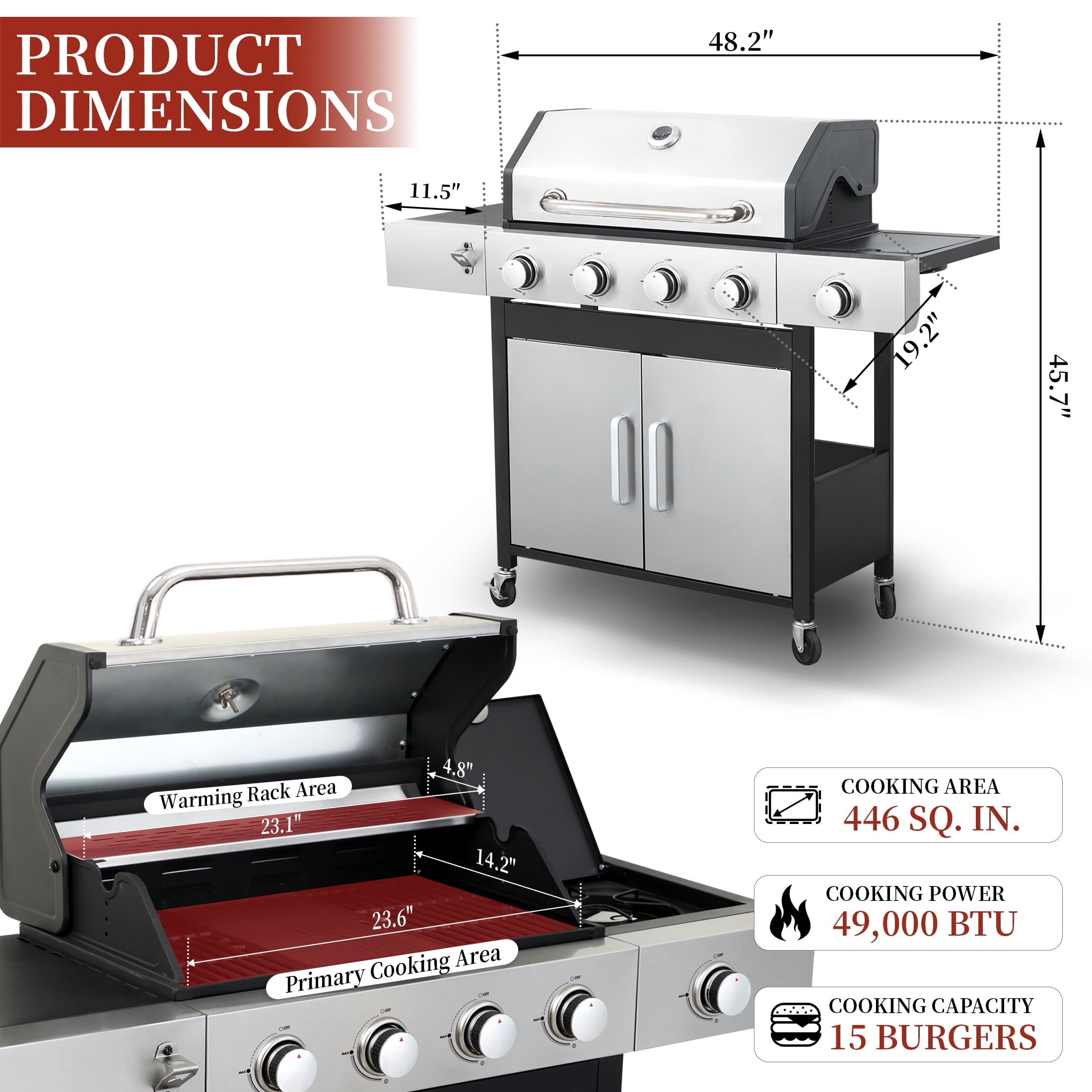 CIG GARDEN 4-Burner Propane Gas Grill and Griddle Combo with Side Burner, Cast Iron Grates, and Double-Wall Insulated Lid CIG GARDEN