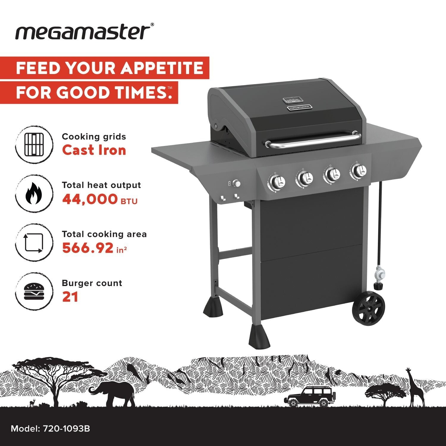 Megamaster 4-Burner Propane Gas Grill with Side Tables, 44,000BTUs, 566.92 SQ. In. Cooking Space, 2 Wheel Transport, Outdoor Kitchen Grill for BBQs, Backyards, Tailgating, and More - 720-1093B Gas Grills
