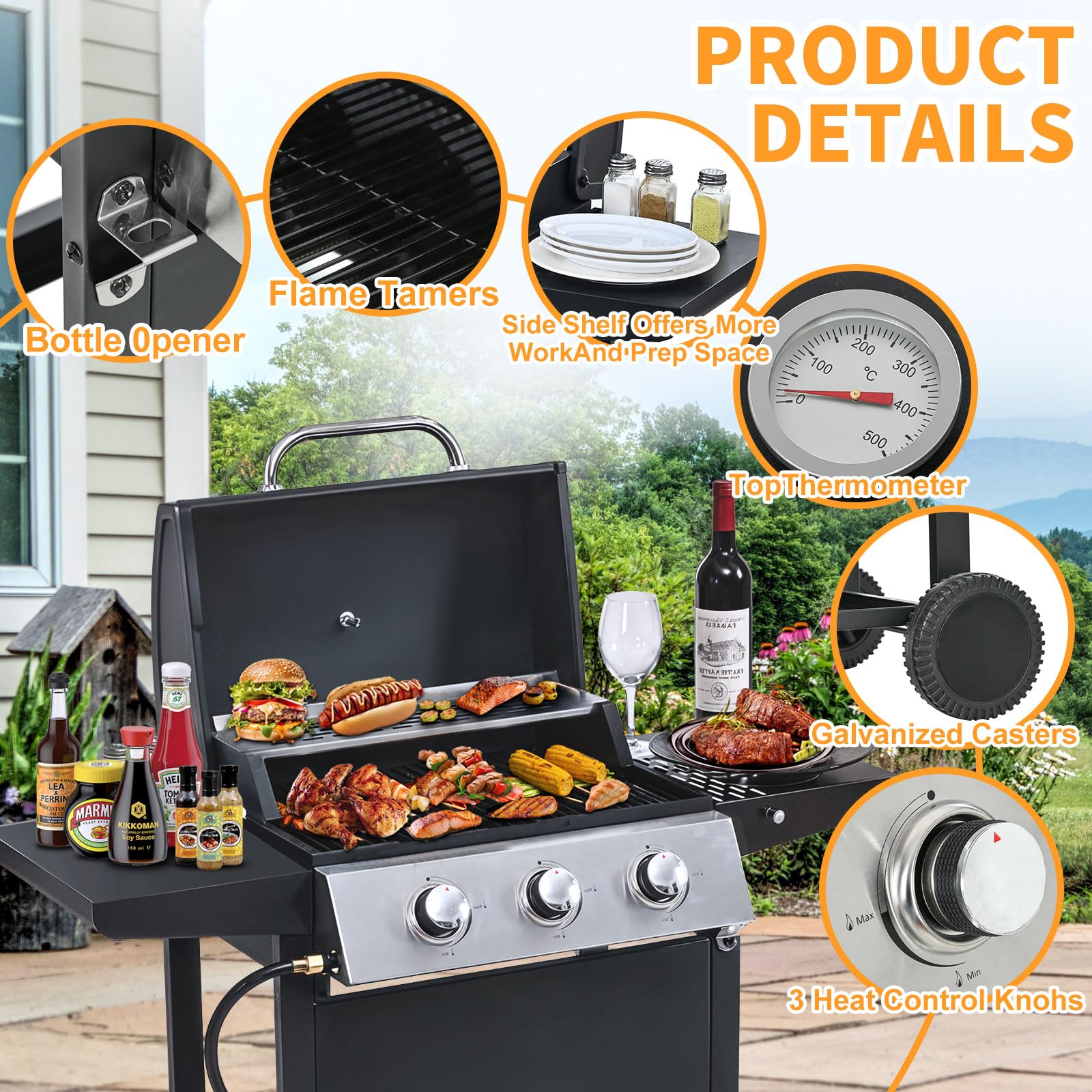 Highsound 3-Burner Propane Gas Grill, 25,650 BTU Stainless Steel BBQ Grill with Side Tables, Outdoor Portable Grill for Backyard & Camping, Black Gas Grills