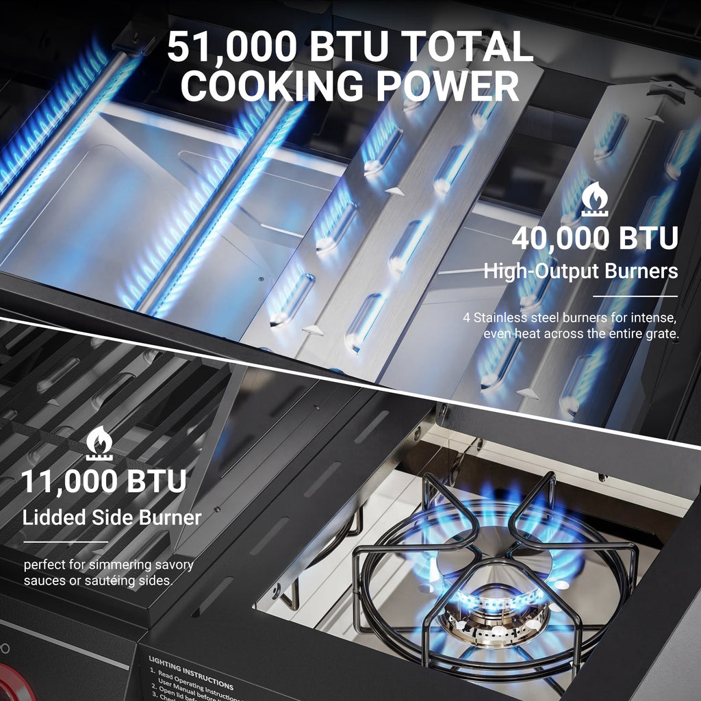 4-Burner Gas Grill with Side Burner, 51,000 BTU, HUGROVE  BBQ Grill with Porcelain-Enameled Lid,Cast Iron Grates, Propane Grills Outdoor Cooking, Red Gas Grills