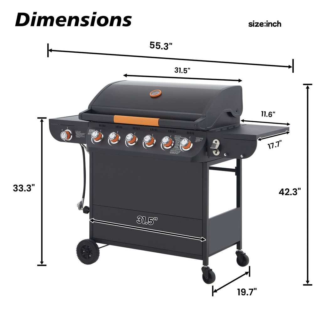 Noble House Professional 6-Burner Propane Gas Grill with Side Burner, Steel BBQ Grill with Cast Metal Grates, Black Noble House