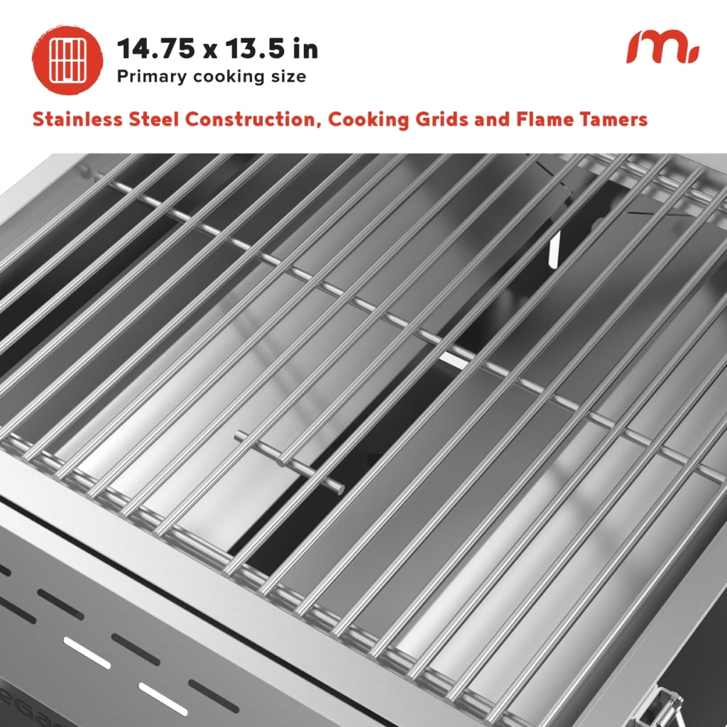 Megamaster 2-Burner Stainless Steel Portable Gas Grill with Built-In Lid, 16,000 BTUs, Foldable Legs, Small Propane Grill for Outdoor Cooking, Camping, BBQs, Patios, Tabletop, and Gardens - 820-0033M Megamaster