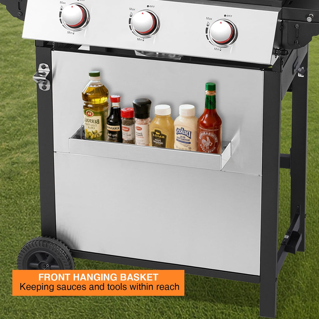 3 Burner Gas Grill with Double-Layer Stainless Steel Lid, 30,000 BTU Patio Garden Barbecue Grill with Folding Side Tables Garden It