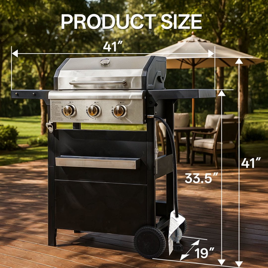 Fehomix 3 Burner Propane Gas Grill, Stainless Steel BBQ Grill with Built-in Thermometer & Electronic Ignition, 26,000 BTU Outdoor Patio Garden Grill with Two Foldable Side Shelves Fehomix