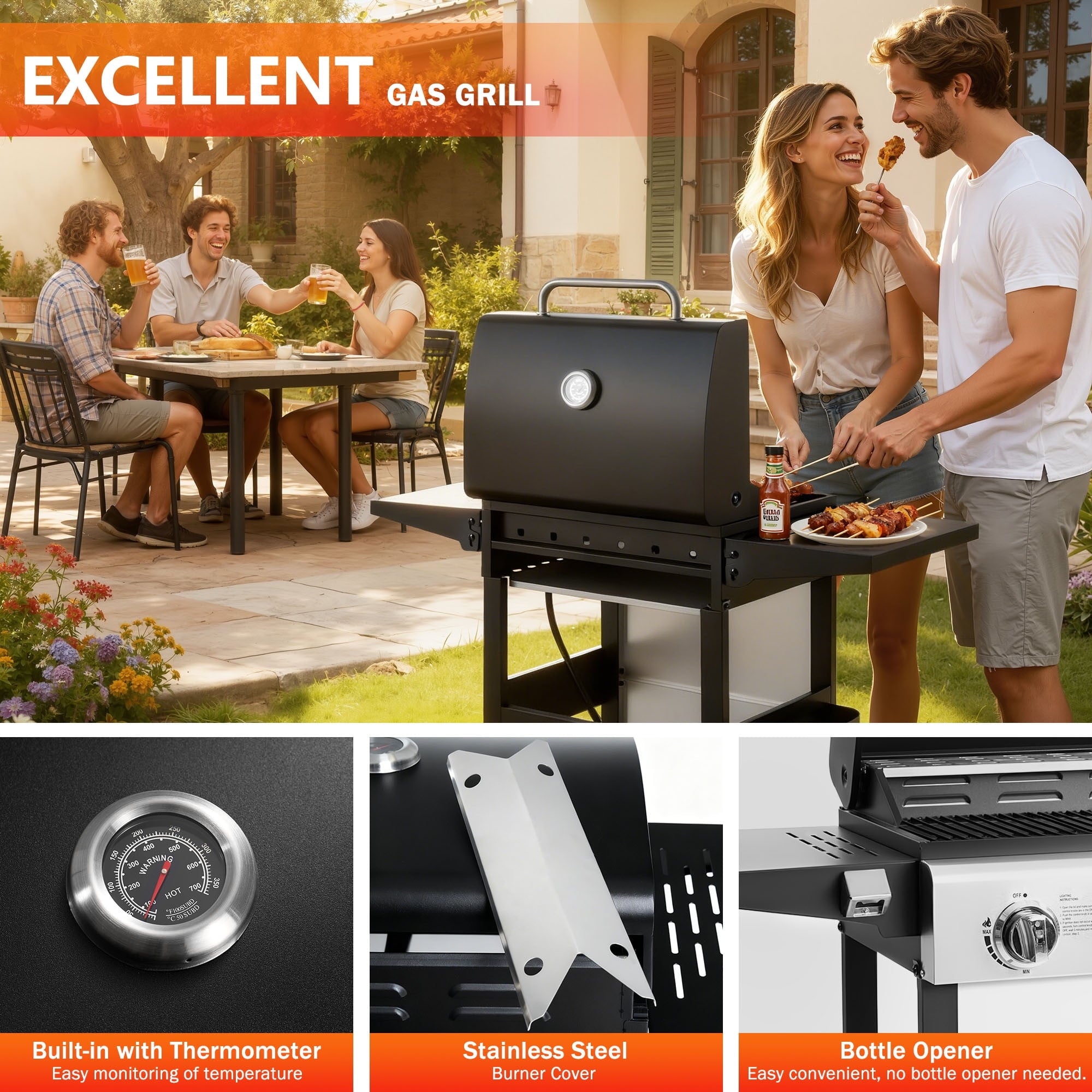 Outdoor BBQ Grill, Powerful 30,000BTU Gas Propane Grill, Stainless Steel Grill with Storage Shelves, Portable Grill for RV Party Camping Patio Gas Grills