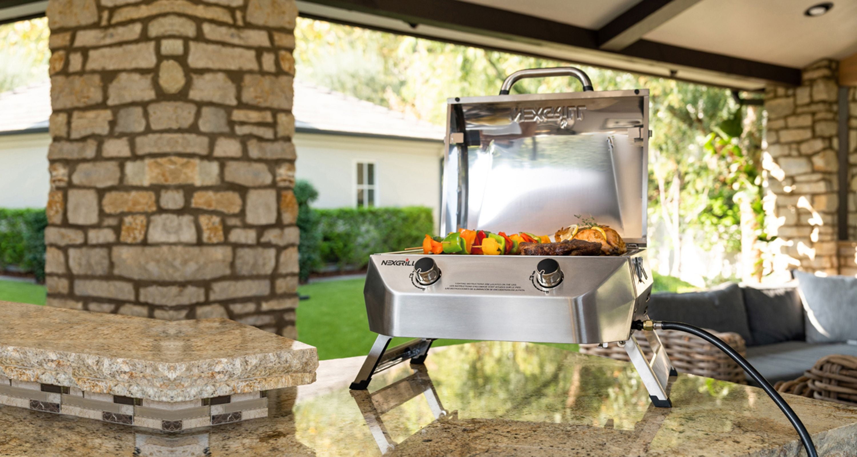 Nexgrill Stainless Steel 2-Burner Portable Gas Grill with Locking Lid, Folding Legs, 20,000 BTUs, 251 SQ In Cooking Space, Tabletop Grill for Camping, Outdoor Cooking, Patios, and More - 820-0007GE Nexgrill