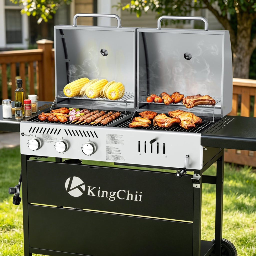 KingChii Gas and Charcoal Grill Combo, Dual Fuel 3-burner BBQ Grill Smoker with Side Burner for Outdoor Patio Cooking Barbecue Gas Grills