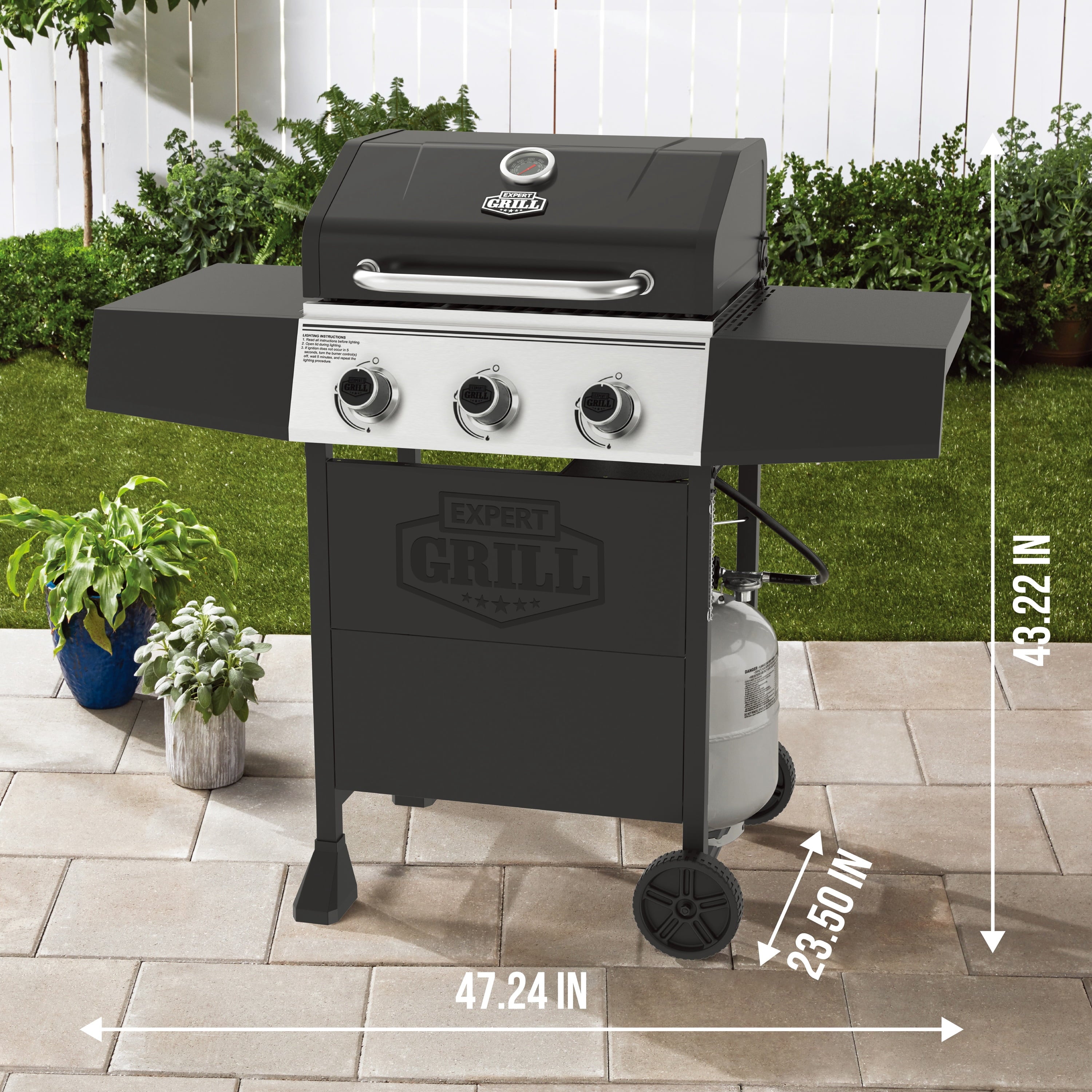Expert Grill, 3-Burner Propane Gas Grill with Side Table and Wheels, Black Expert Grill