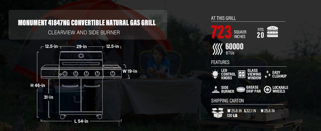 Monument Grills 4-Burner Natural Gas Grill in Stainless with Clear View Lid, LED Controls, Grill Cover, and Side Burner Monument Grills
