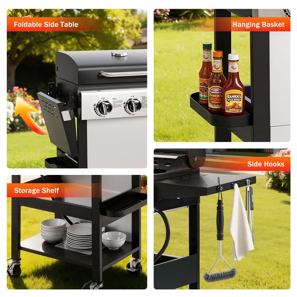 BBQ Grill, Seizeen 30,000 BTU 3-Burner Gas Grill Portable, Backyard Camping Propane Grill with  Daul Zone, Foldable Table, Hanging Basket, Steel Brush, Universal Wheels Gas Grills