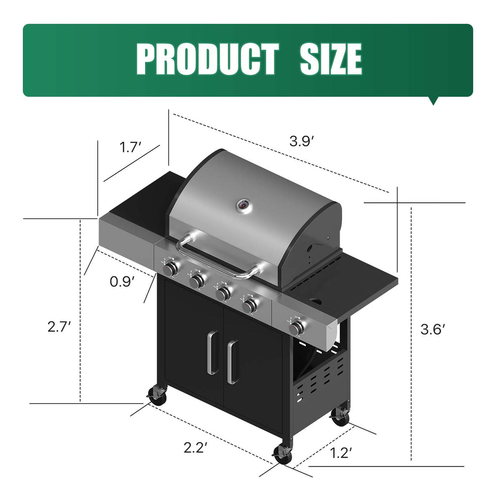 Clouddwell 4 Burner Gas Propane Grill, with 4 Casters, Side Table, and Thermometer, Patio Garden BBQ Grill Perfect for Camping, Black and Silver Gas Grills