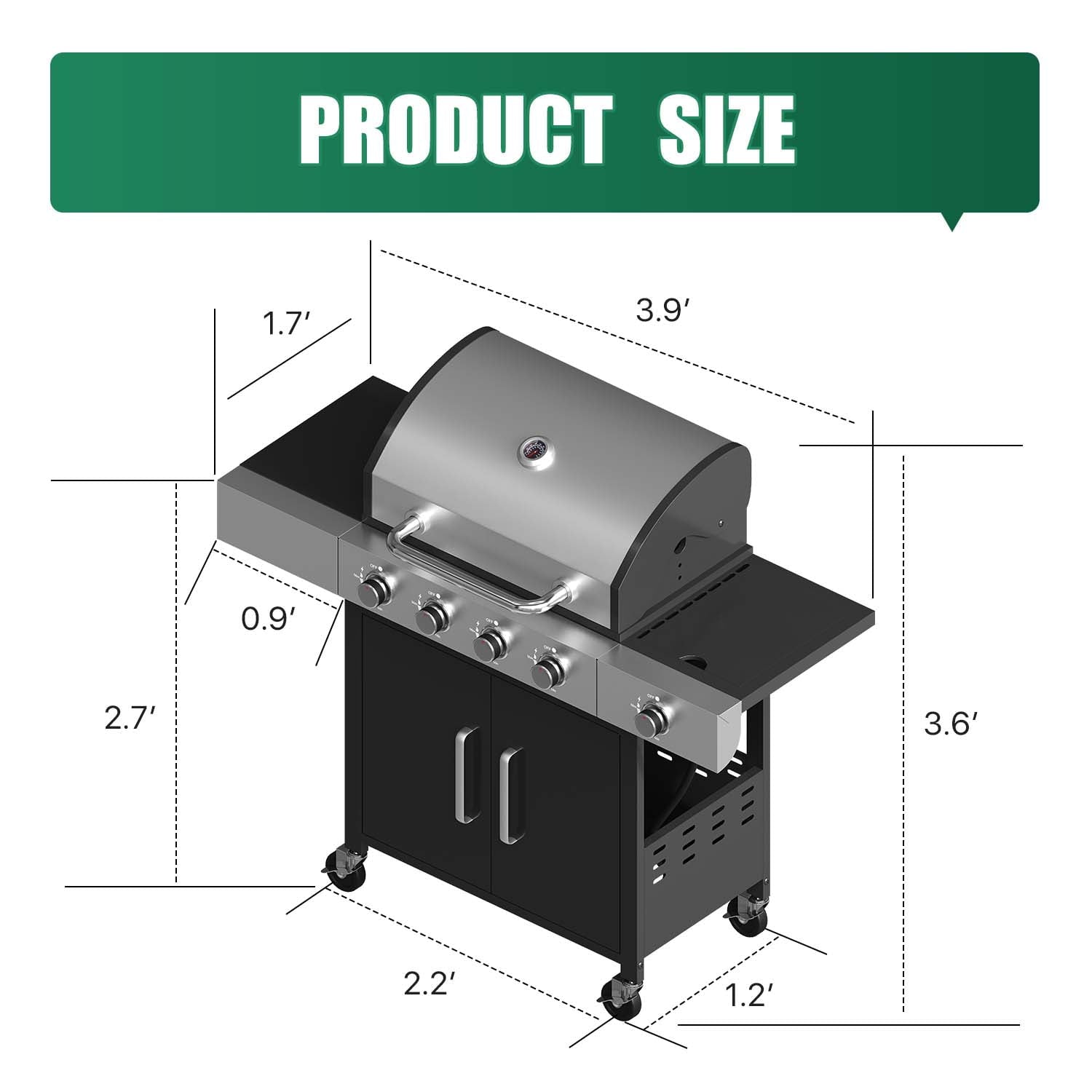 Clouddwell 4 Burner Gas Propane Grill, with 4 Casters, Side Table, and Thermometer, Patio Garden BBQ Grill Perfect for Camping, Black and Silver Gas Grills