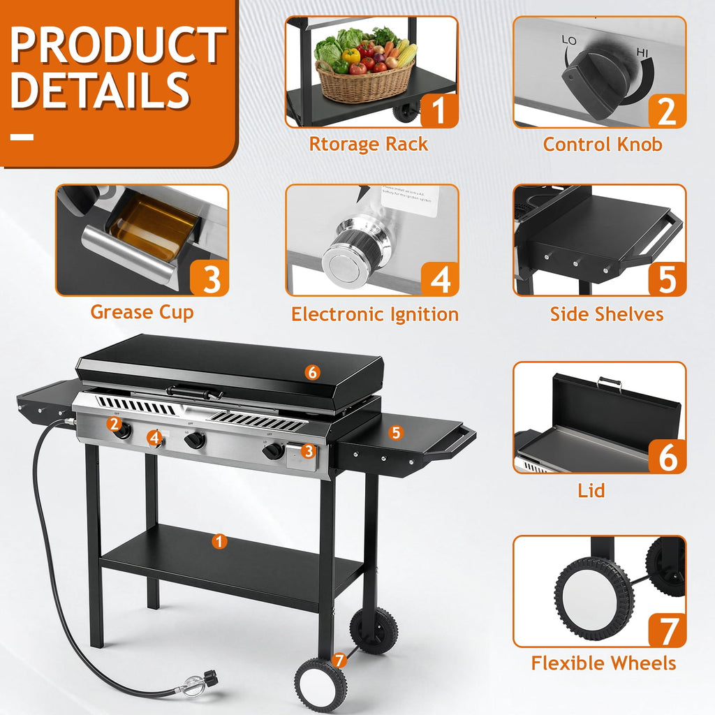Zintown 3 Burner 225000-BTU Outdoor Stove Propane Gas Griddle with Portable Pan,Lid Zintown