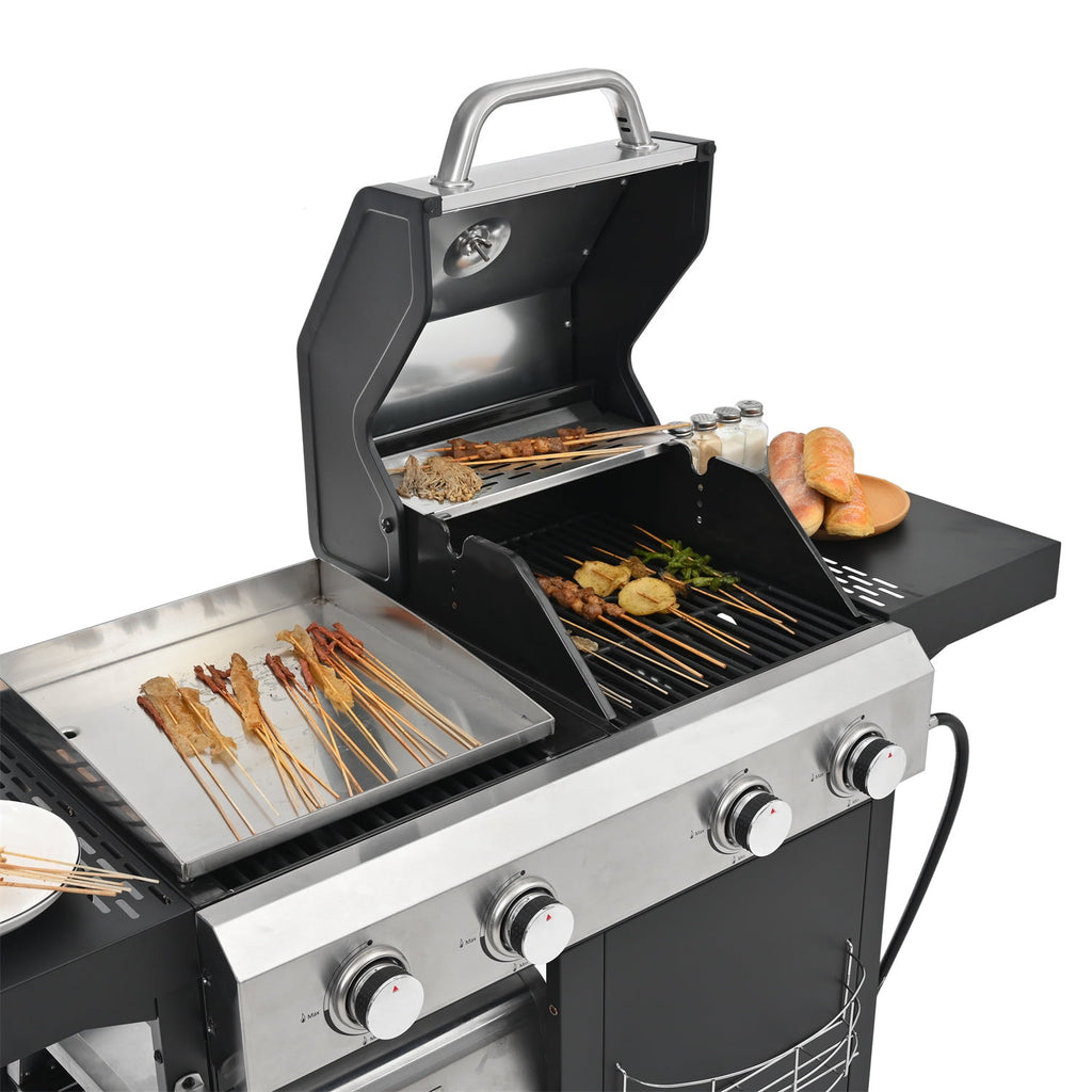 HighSound 4 Burner Propane Gas Grill & Griddle Combo BBQ Grill with Lid & Pizza Oven 49200 BTU, Flat Top Propane Grill Griddle Combo for Outdoor Cooking While Camping & Tailgating, Black Gas Grills