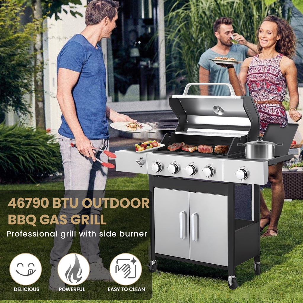 Seizeen 4 Burner Outdoor BBQ Grill with Side Burner, 46,790BTU Propane Gas Grill Stainless Steel, 2-IN-1 Enameled Cast Iron Grid & Frying Plate, High Lid, for Patio and Garden Cooking Seizeen