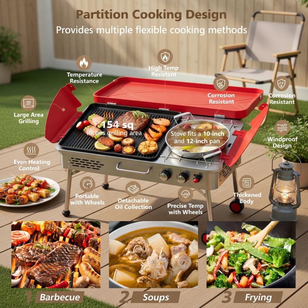 Resenkos Outdoor Barbecues Grill,2-in-1 Gas Camping Grill and Stove with 4 Detachable Legs-Red Resenkos