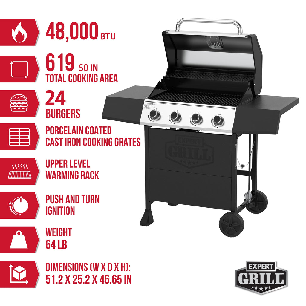 Expert Grill, 4-Burner Propane Gas Grill with Side Table and Wheels, Stainless Steel Gas Grills