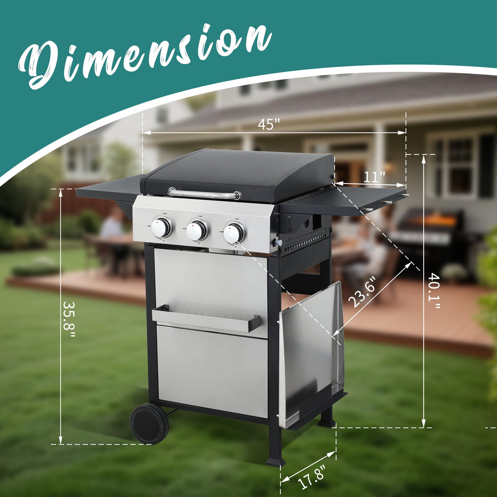 3-Burner Flattop Propane Gas Grill with Folding Side Table - 36,900 BTU Outdoor BBQ Grill with Wire Enamel Cooking Grid & Stainless Steel Griddle Combo for Backyard Nice Coker