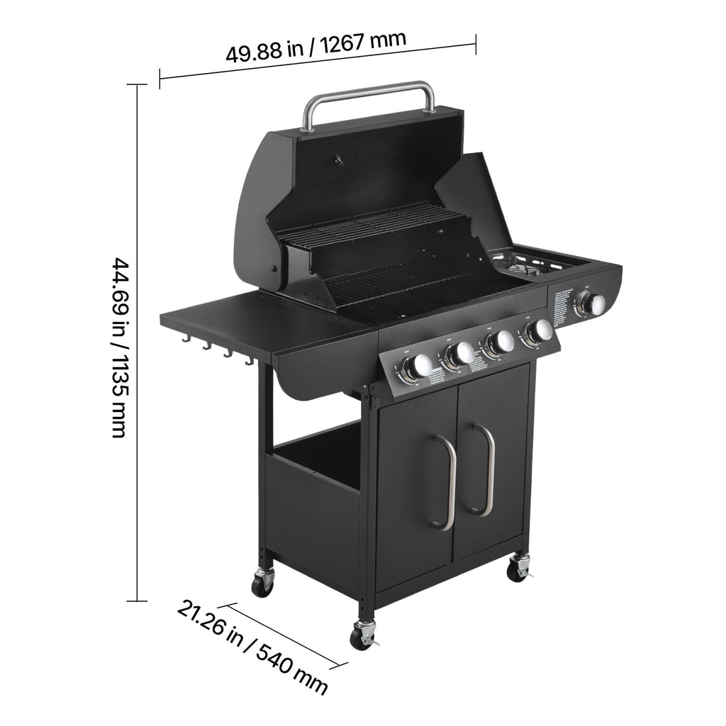 KFFKFF 4-Burner Propane Gas Grill with Side Burner, 425 SQ.In Cooking Surface, Carbon Steel Enamel Grates, Outdoor 52,000 BTU BBQ Grill with Dual Side Shelves, Durable Carbon Steel Construction KFFKFF
