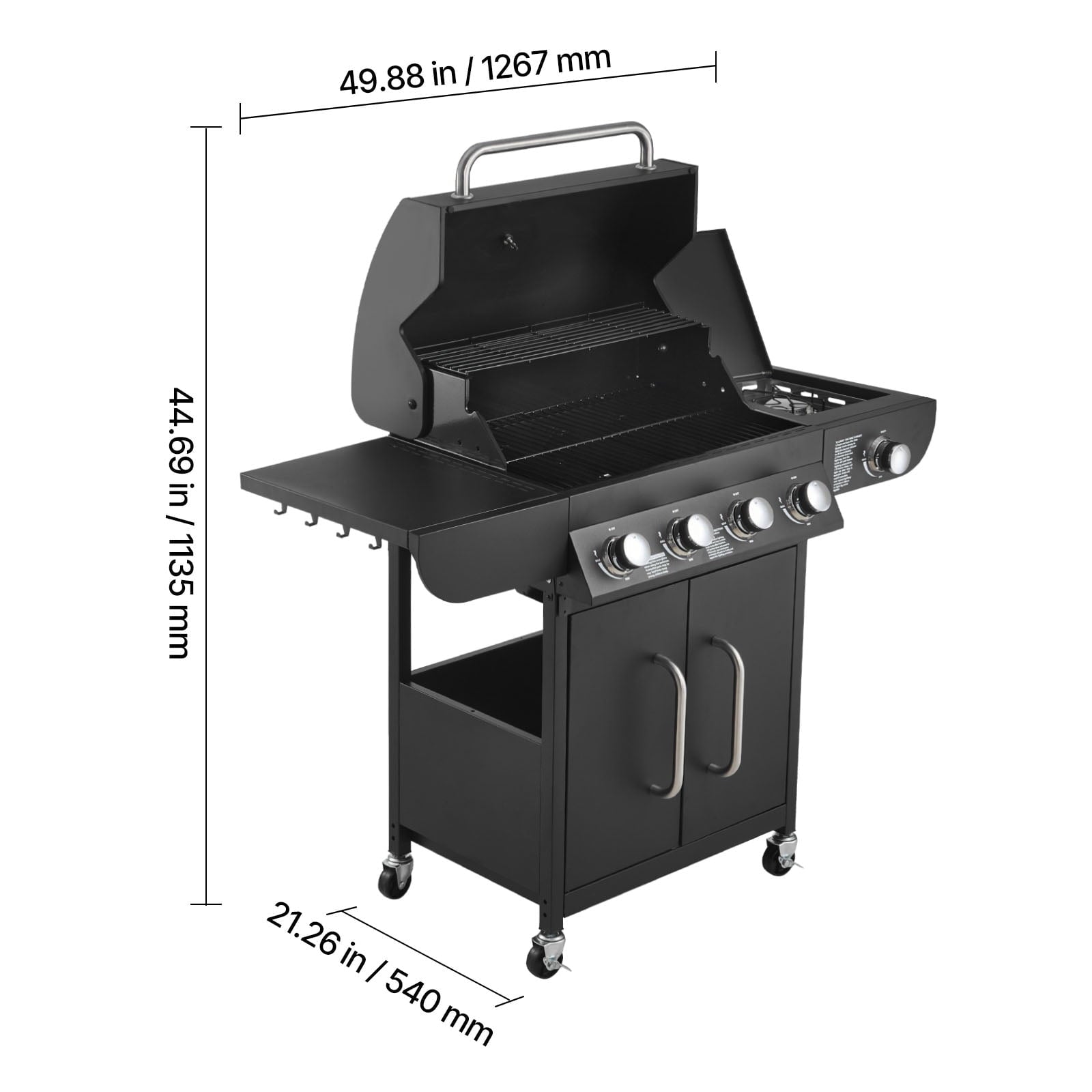 KFFKFF 4-Burner Propane Gas Grill with Side Burner, 425 SQ.In Cooking Surface, Carbon Steel Enamel Grates, Outdoor 52,000 BTU BBQ Grill with Dual Side Shelves, Durable Carbon Steel Construction KFFKFF