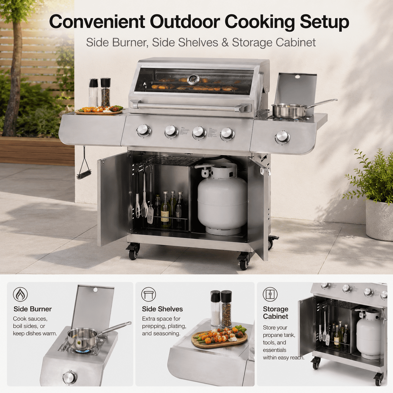 50000BTU Ultra Gas Grill, Syngar Propane Grills with 474 sq.in Cooking Area, 5-Burner Stainless Steel BBQ Grill with Side Burner and Thermometer for Outdoor Party, Camping Gas Grills
