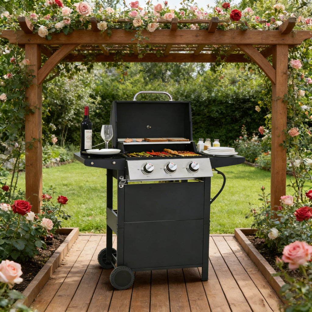 iCapeson 3-Burner Propane Gas Grill, 26,000 BTU Stainless Steel Outdoor BBQ Grill with 2 Side Shelves, Wheels, Thermometer & Bottle Opener for Patio, Garden, and Backyard Barbecue Gas Grills